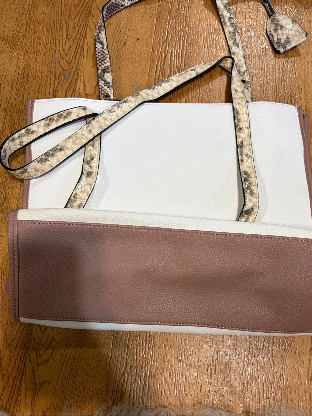 Call It Spring White and Mauve Tote with Snake-Print Straps